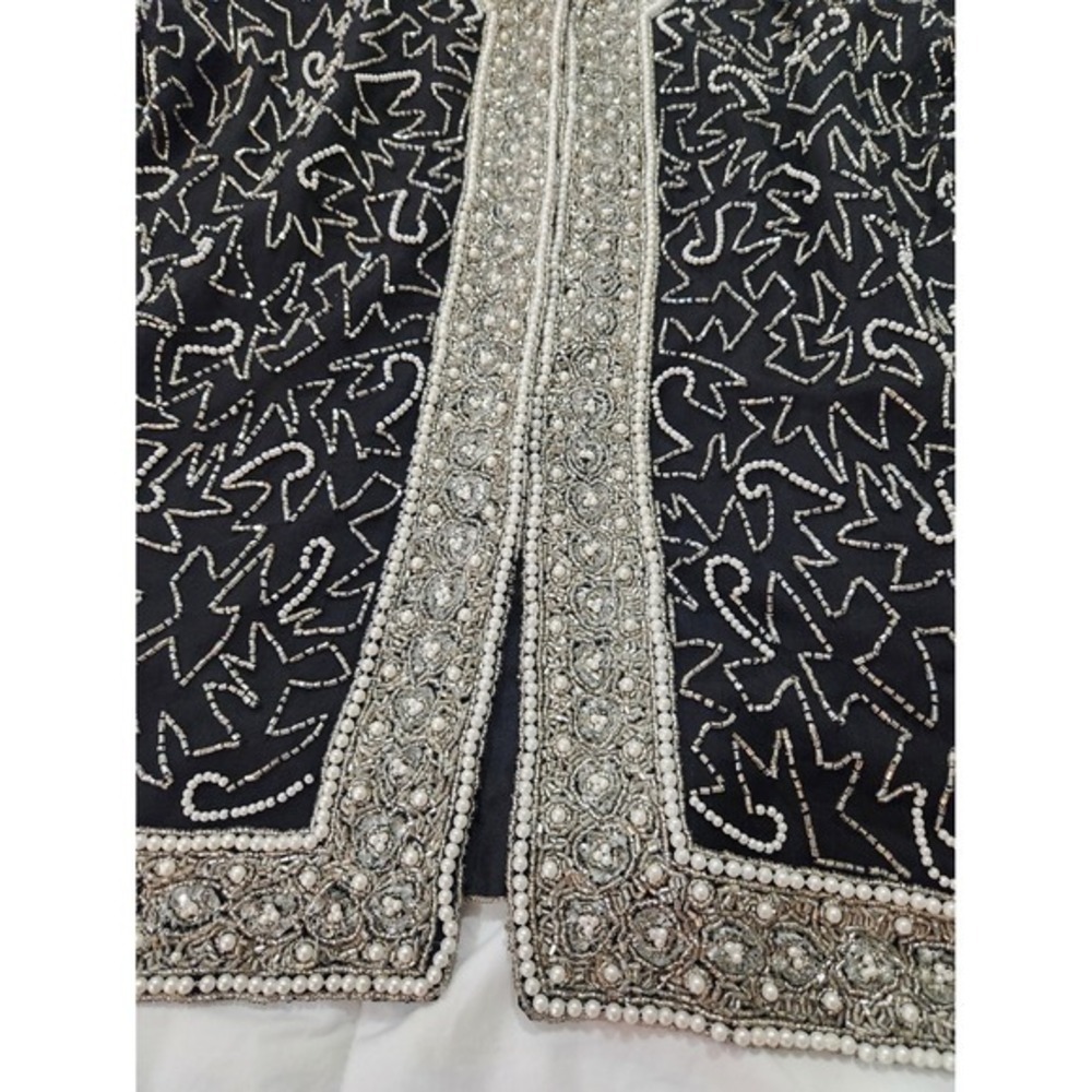Laurence Kazar Beaded Pearls Evening Top 100% Silk Black White Size XL Tunic Vtg - Picture 8 of 11
